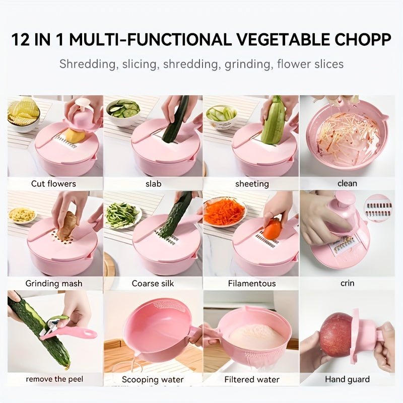 12-In-1 Multi-Functional Vegetable Chopper Carrots Potatoes Manually Cut Shred Slicer Radish Grater Kitchen Tools Vegetable Cutter For Hotel/Commercial